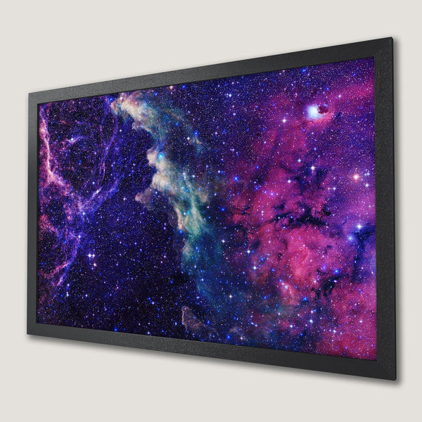 Framed Poster featuring a vibrant nebula in a galaxy, with a blue, purple, and pink color palette. Perfect for space lovers!