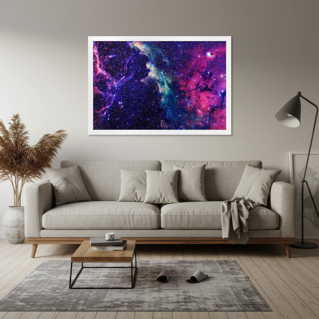 Framed Poster of a vibrant nebula in purple, blue, and pink. Add cosmic wonder to your space!