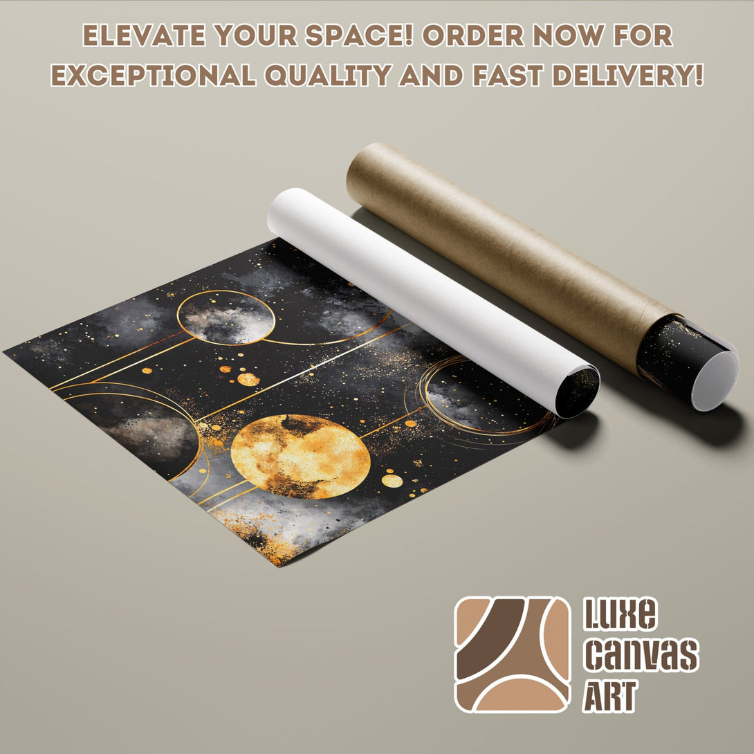 Abstract celestial Poster Roll art in black, gold, and gray color palette. Order now!