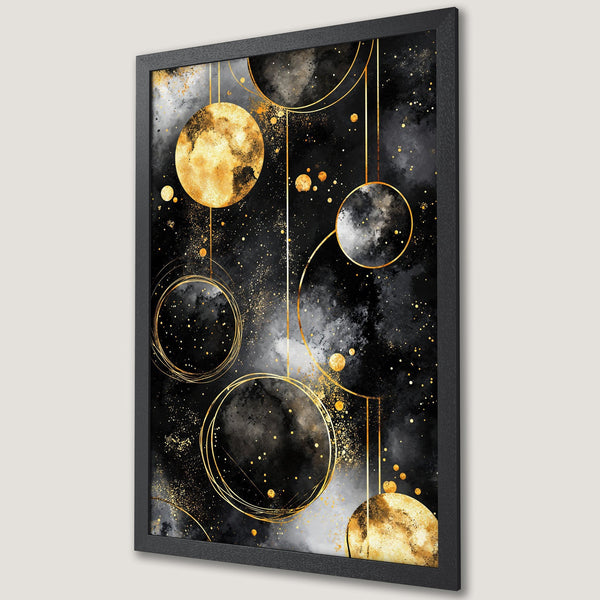 Framed Poster featuring abstract gold and black celestial design. Modern art print with a luxurious, elegant style. Perfect wall decor.