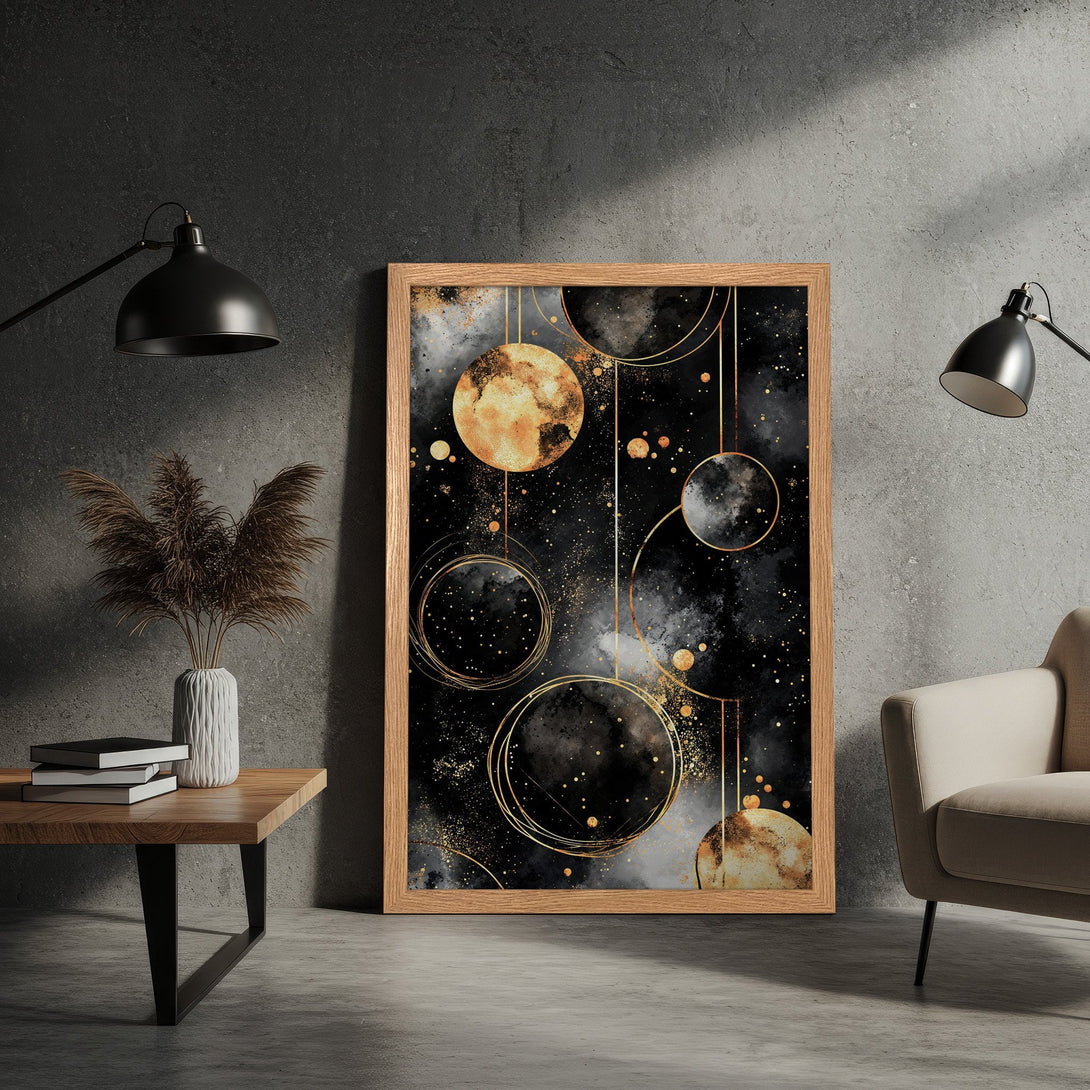 Framed Poster featuring abstract celestial art in black, gold, and tan tones. Modern wall decor for any space.