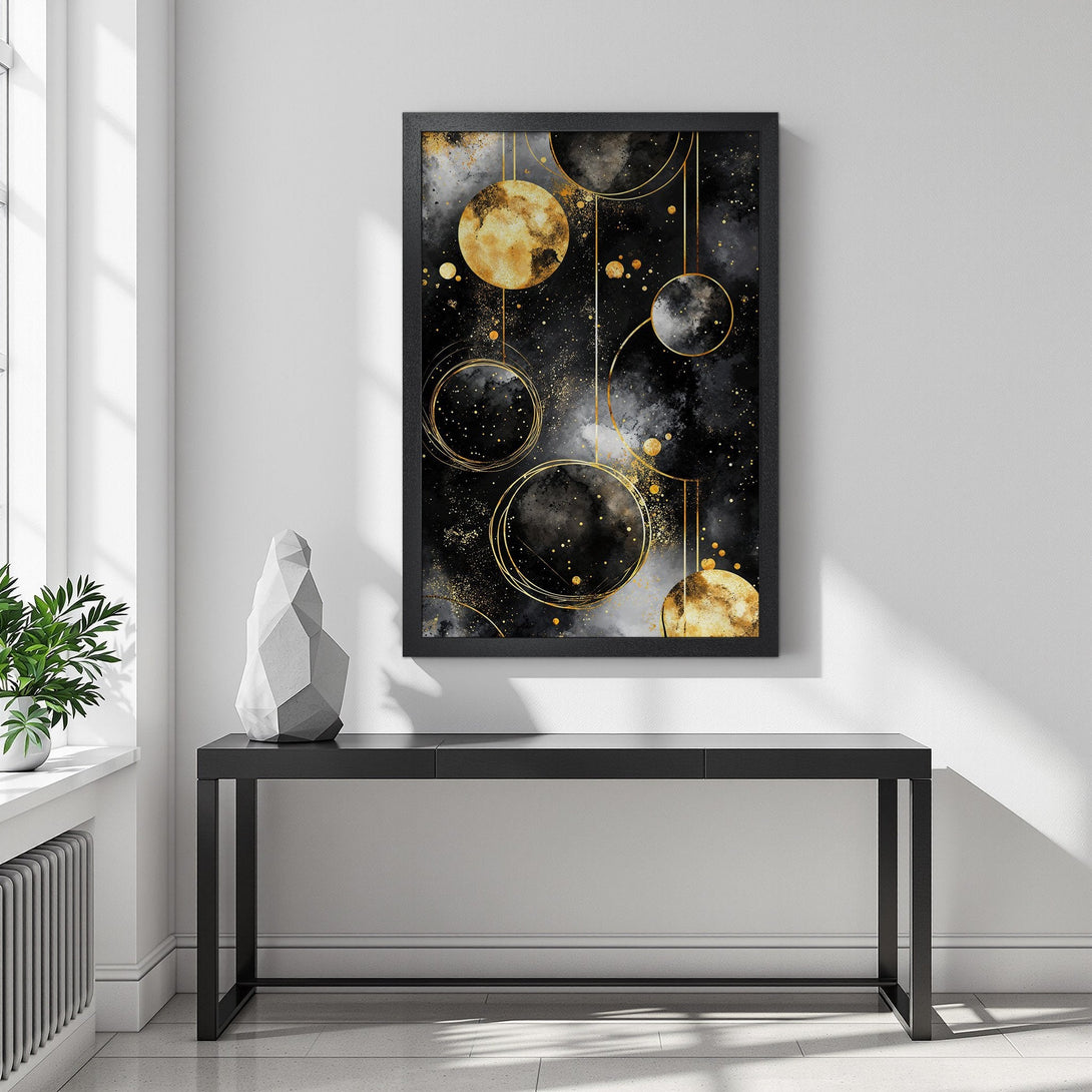 Framed Poster featuring abstract gold and black celestial design. Modern art print for home decor, adding a touch of elegance.
