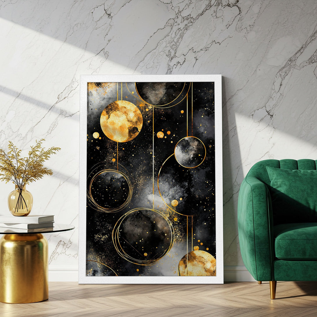 Framed Poster featuring abstract gold and black celestial design. Modern art print, perfect for home decor.