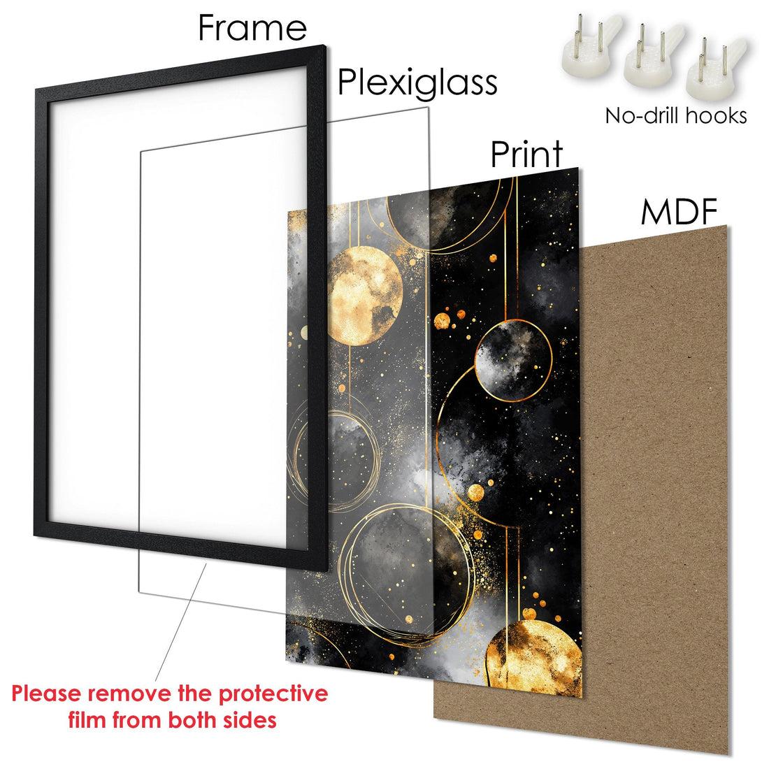 Framed Poster with celestial design in black, gold, and gray. Modern art print for your home decor.
