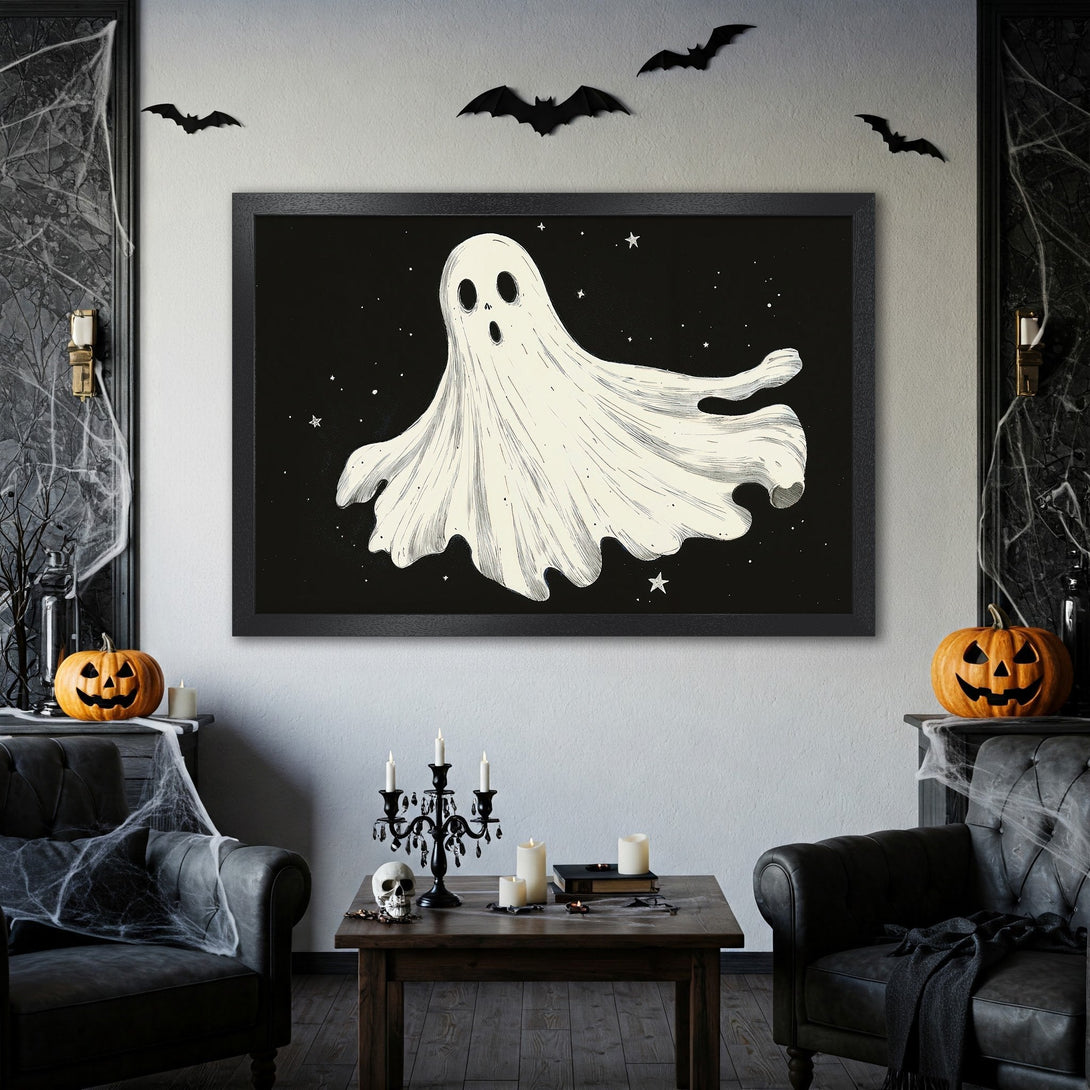 Framed Poster featuring a spooky ghost illustration in black and white, perfect Halloween decor!