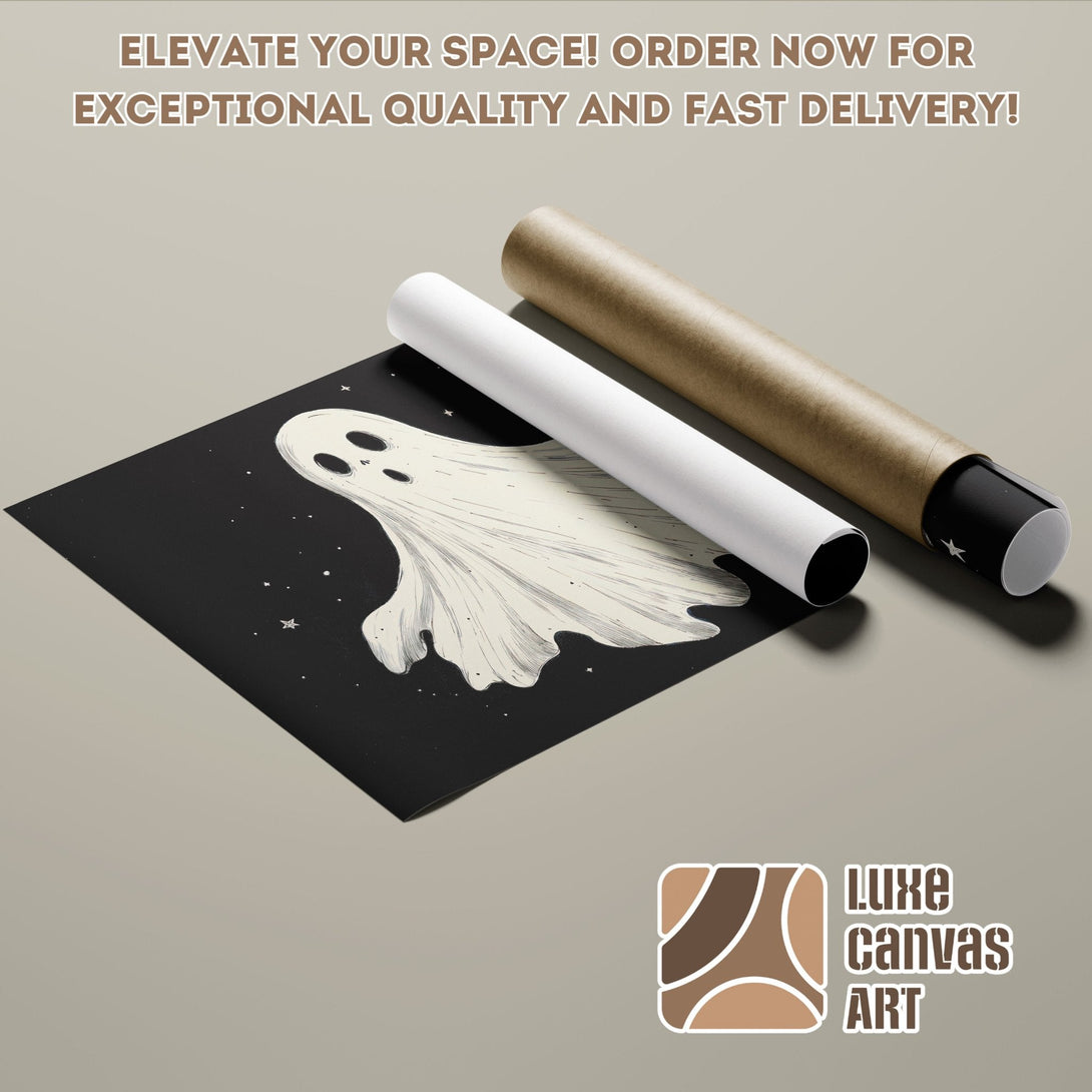 Ghost Poster Roll art print in black and white, perfect for Halloween decor.