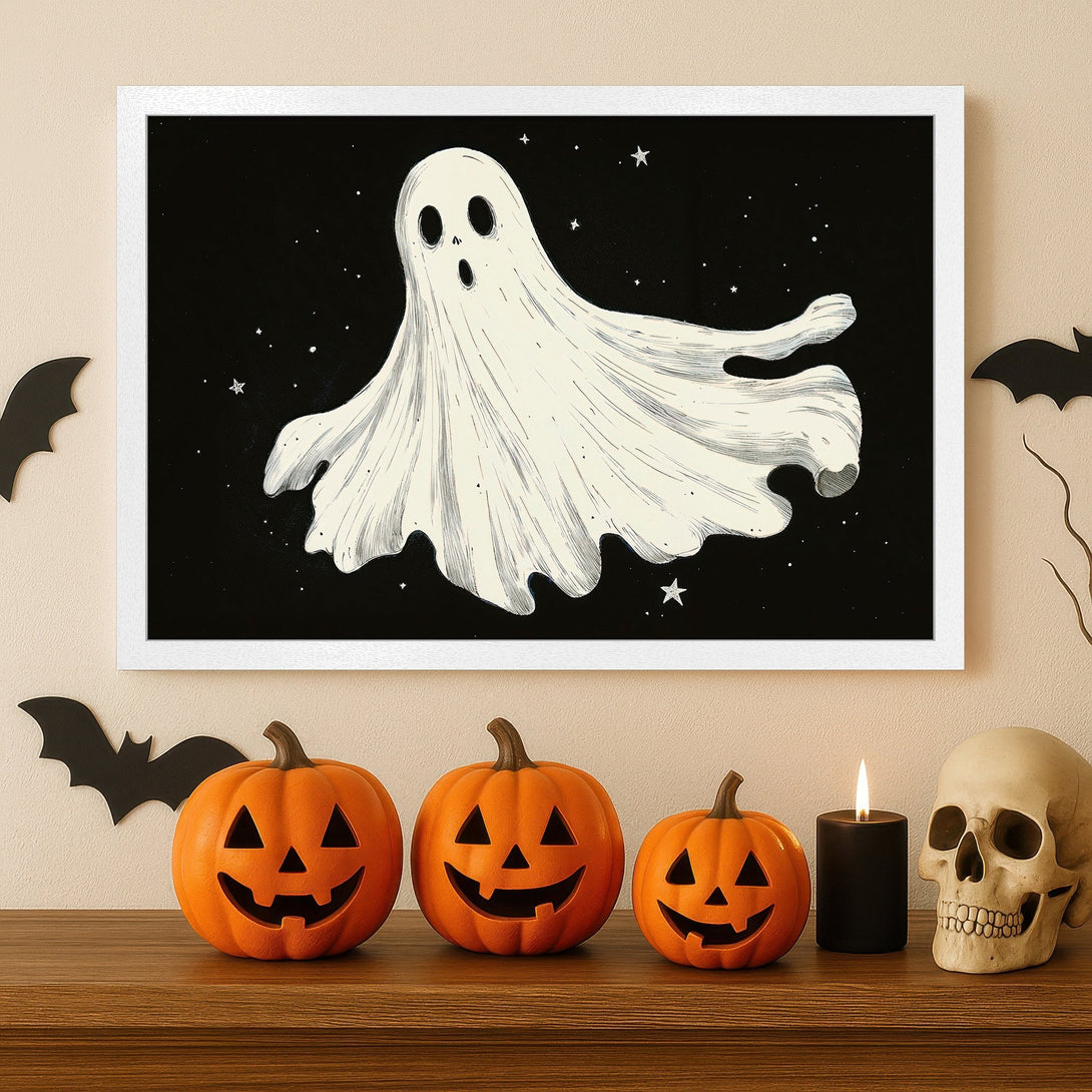 Framed Poster featuring a whimsical ghost illustration in black, white, and beige. Perfect Halloween decor!