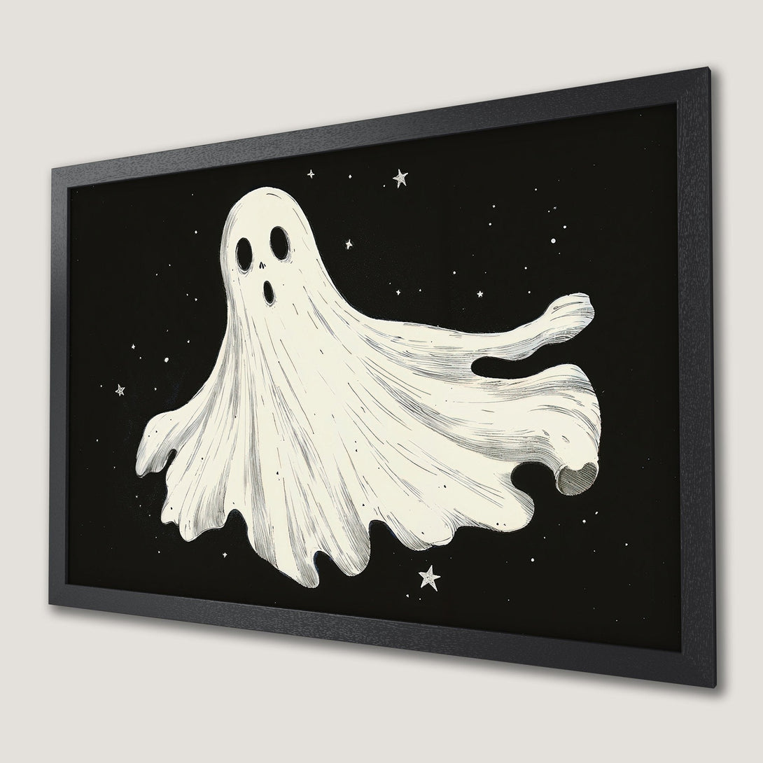 Framed Poster: Spooky ghost illustration in black frame, minimalist style, monochrome color palette, perfect Halloween wall art.