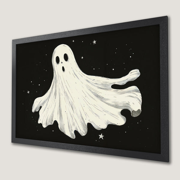 Framed Poster: Spooky ghost illustration in black frame, minimalist style, monochrome color palette, perfect Halloween wall art.