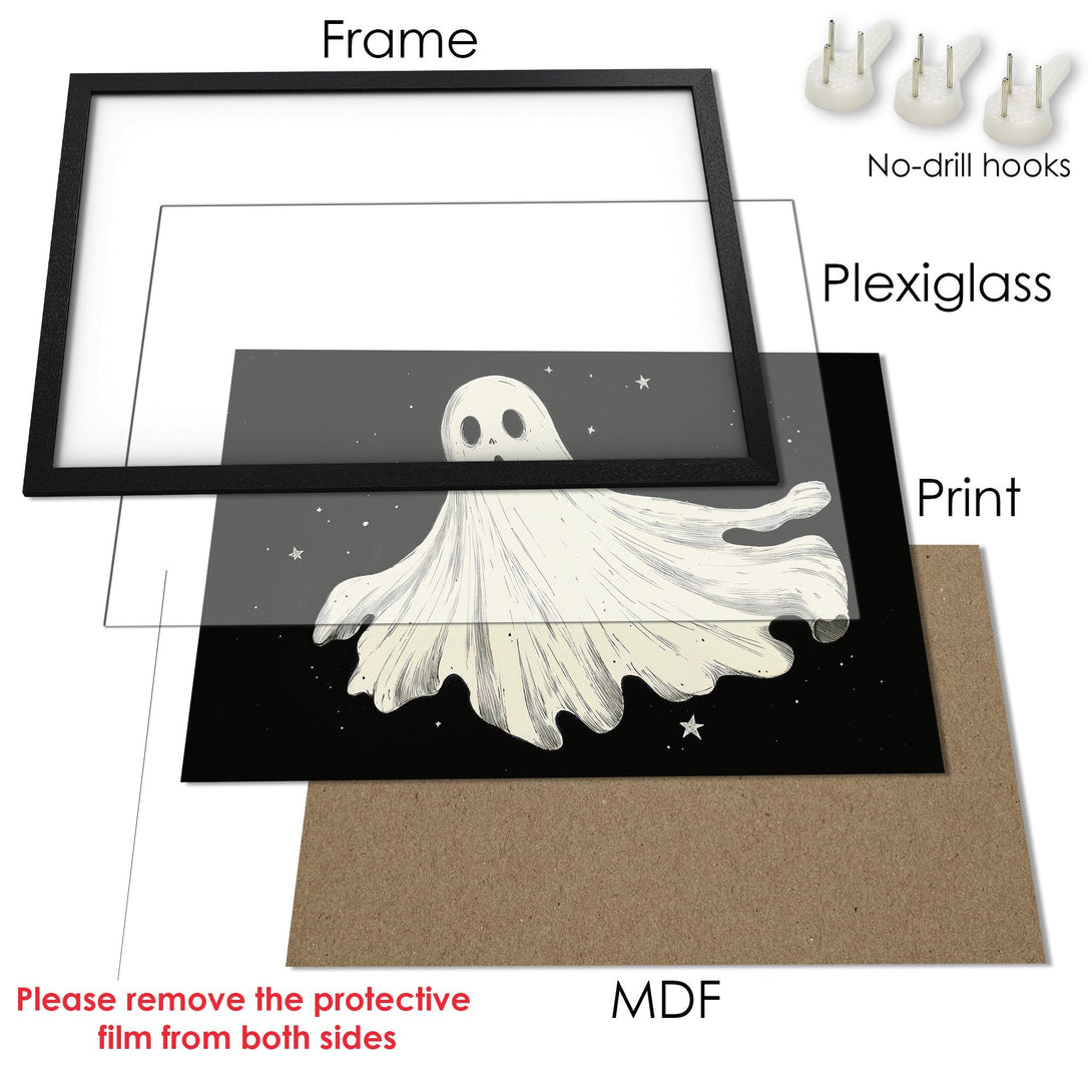 Framed Poster featuring a whimsical ghost illustration in a black and white color palette. Perfect spooky decor!