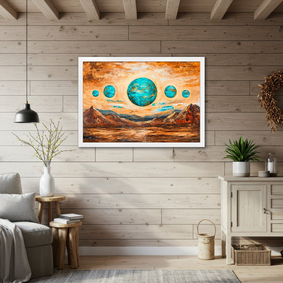 Framed Poster featuring abstract landscape art with turquoise planets and a warm, earthy color palette, perfect for home decor.