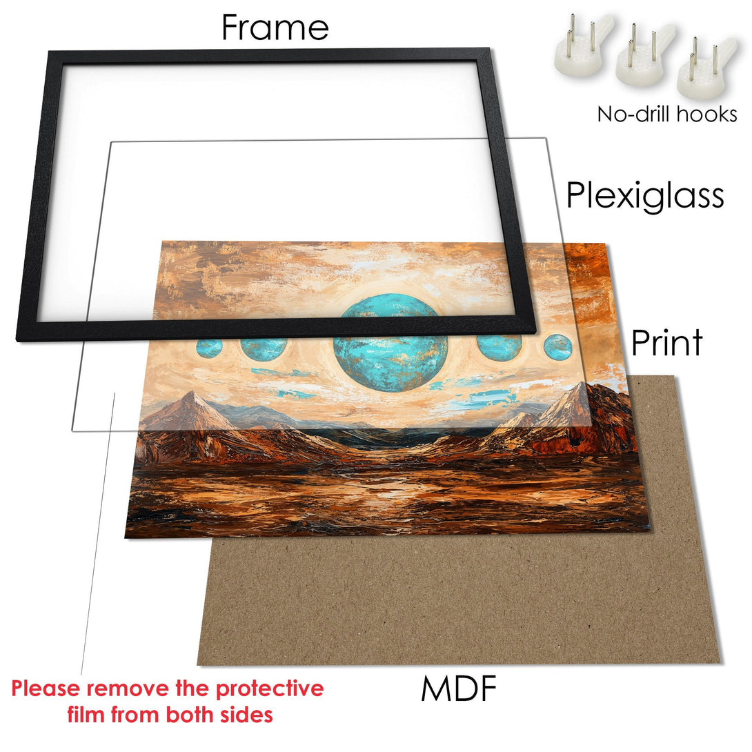 Framed Poster featuring a landscape with planets, in warm earth tones. Enhance your space with this stunning art print.