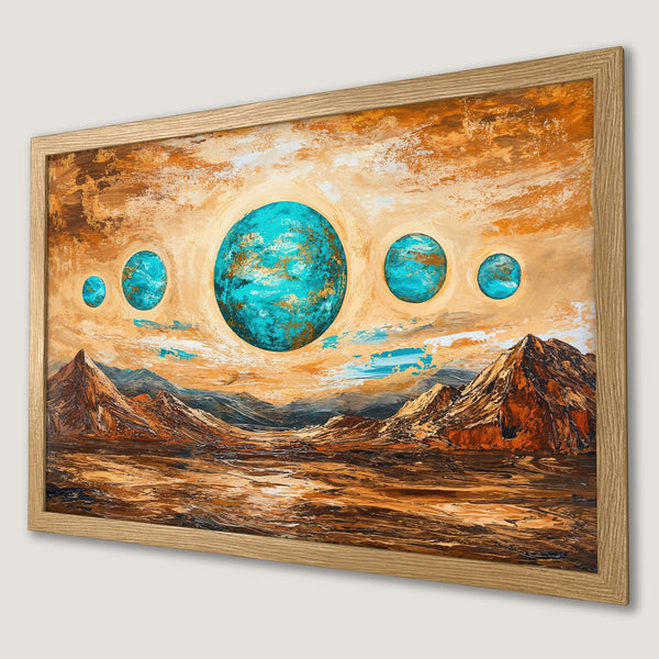 Framed Poster featuring an abstract landscape with turquoise planets, in a warm orange and brown color palette.