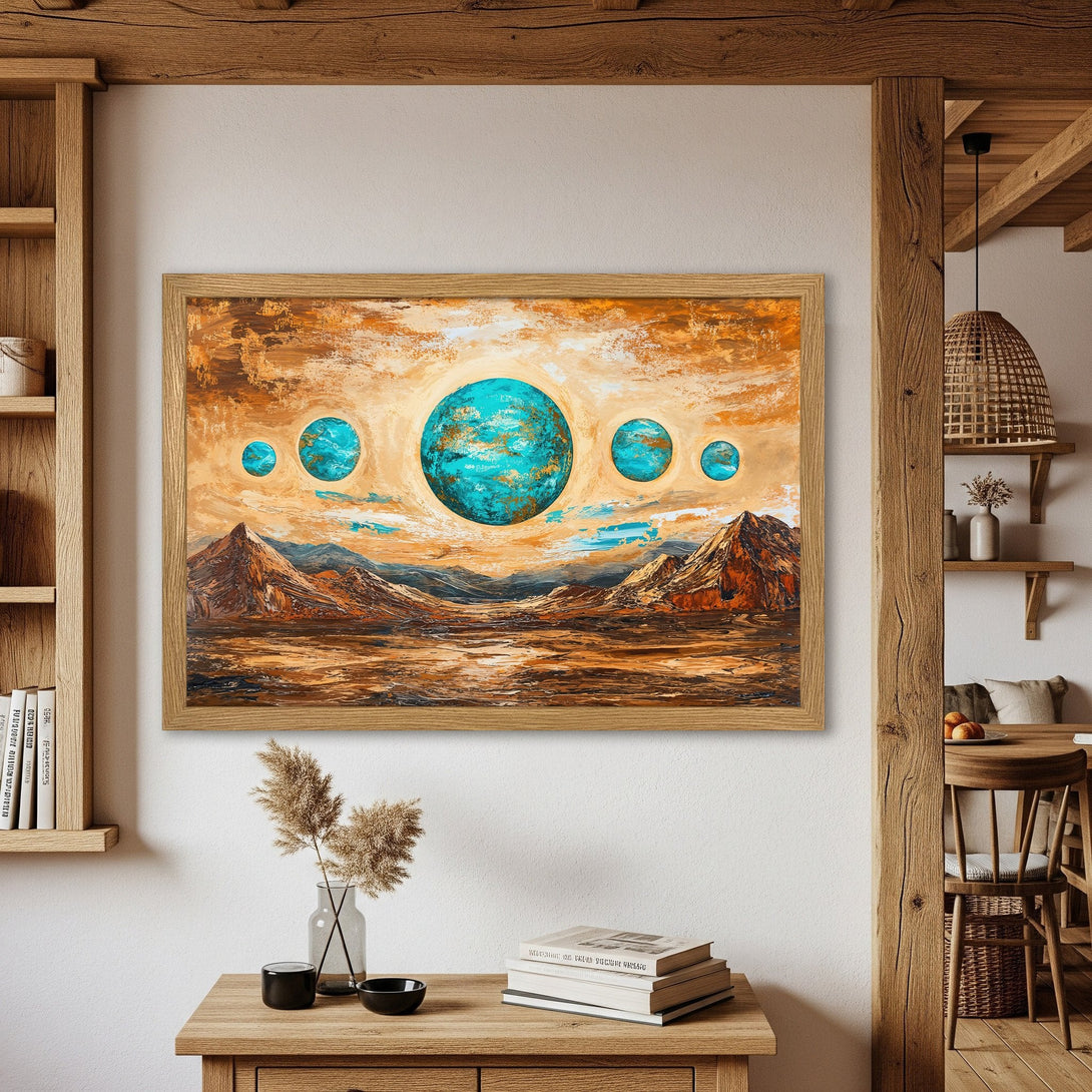 Framed Poster featuring an abstract landscape with planets, warm orange & turquoise palette, perfect for home decor.