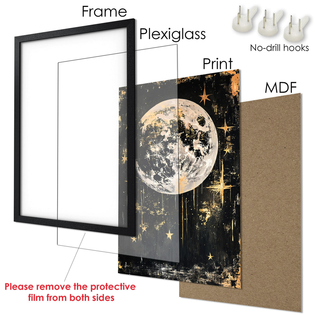 Framed Poster featuring a celestial moon and stars design with a black, gold, and white color palette. Perfect wall art!