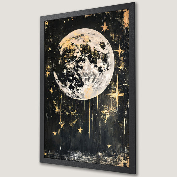 Framed Poster featuring a celestial moon and stars art print in a striking black and gold color palette. Add a touch of cosmic elegance to your space!