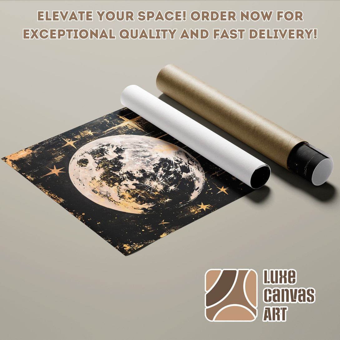 Poster Roll featuring a celestial art print in black, gold, and neutral tones. Elevate your space!