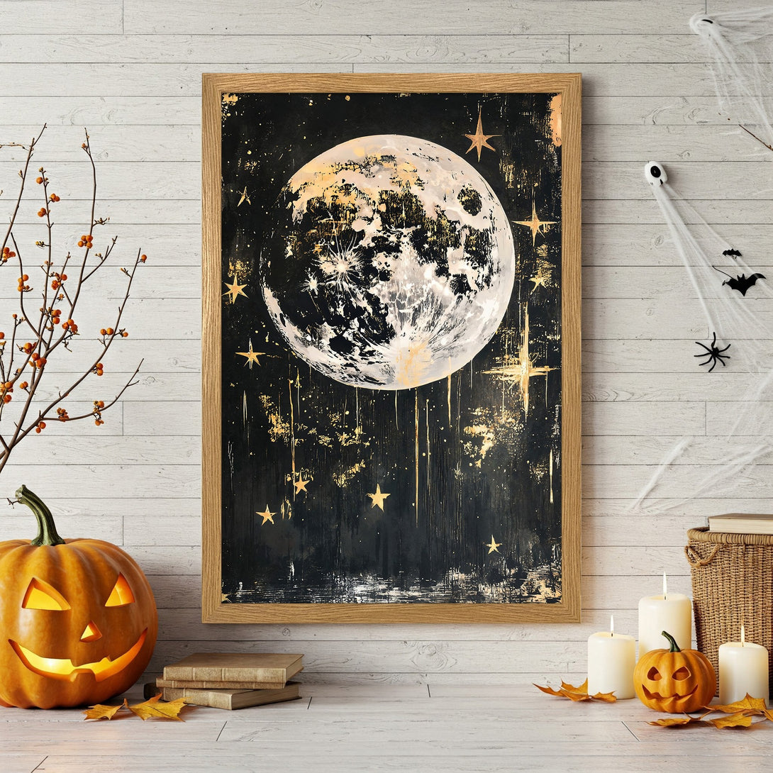 Framed Poster featuring a celestial moon and stars in a dark, gold and black color palette, perfect Halloween decor.