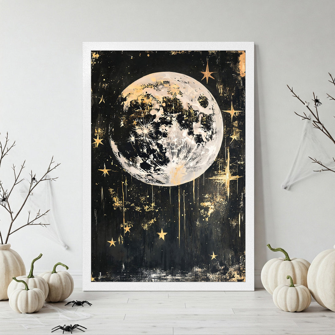 Framed Poster featuring a celestial moon and stars in a dark and gold color palette. Perfect for Halloween decor.