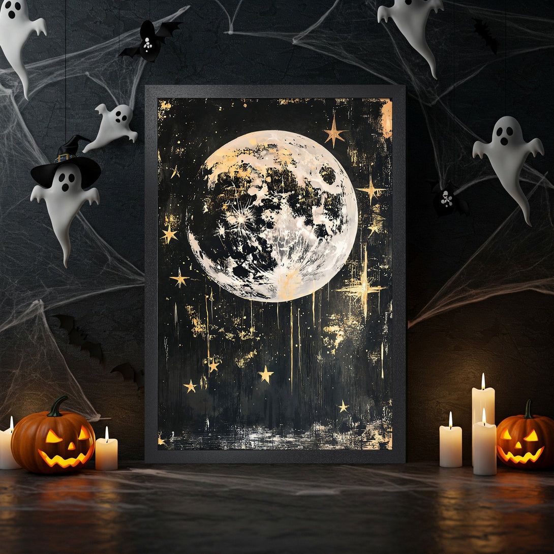 Framed Poster featuring a moon and stars in a dark, artistic style. Gold and black color palette, perfect for Halloween decor.