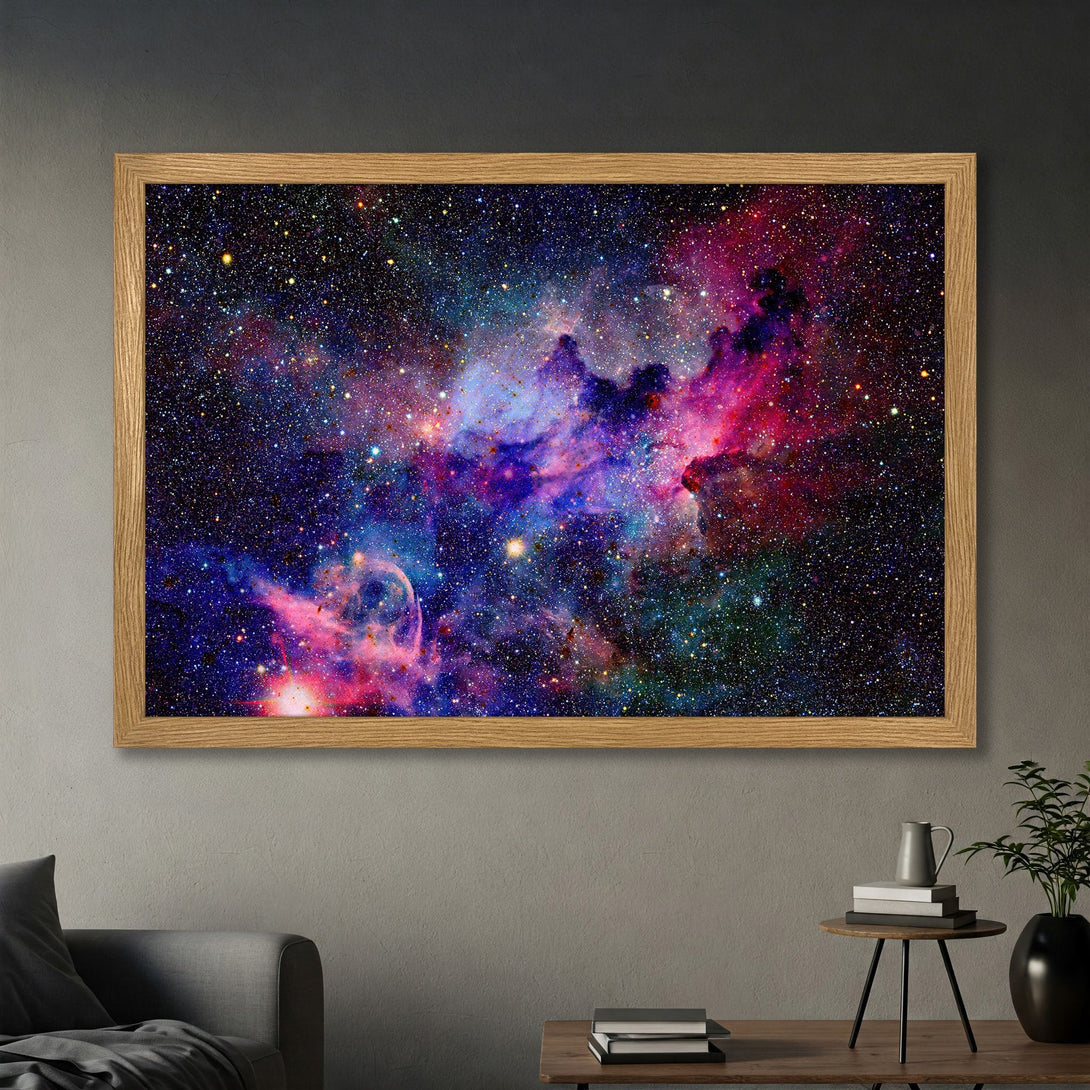 Framed Poster featuring a vibrant nebula scene with a cosmic color palette of blues, purples, and reds. Perfect for space lovers!