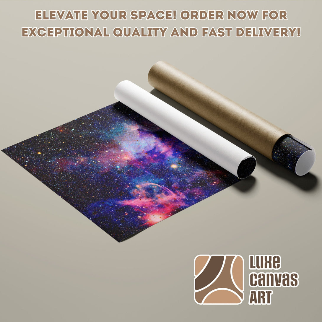 Poster Roll featuring a vibrant galaxy scene in blue, purple, and pink hues. Elevate your space with this stunning art!
