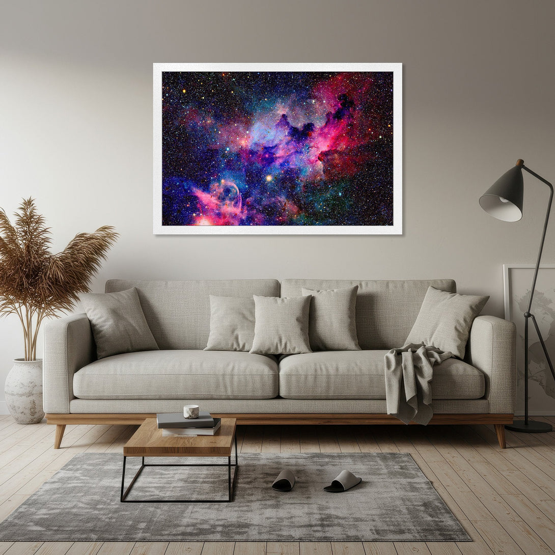 Framed Poster featuring a vibrant nebula in shades of purple, pink, and blue. Perfect for adding a cosmic touch to your home decor.