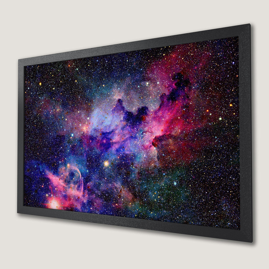 Framed Poster featuring a vibrant nebula in a cosmic color palette. Perfect for space enthusiasts!