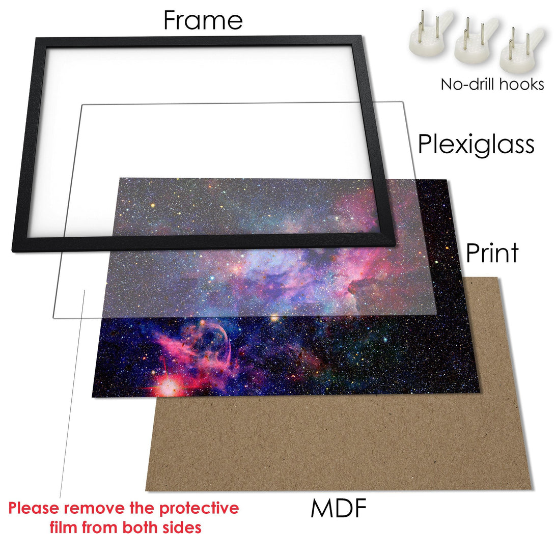Framed Poster showcasing a stunning galaxy scene. Vibrant colors and cosmic style for your wall art.