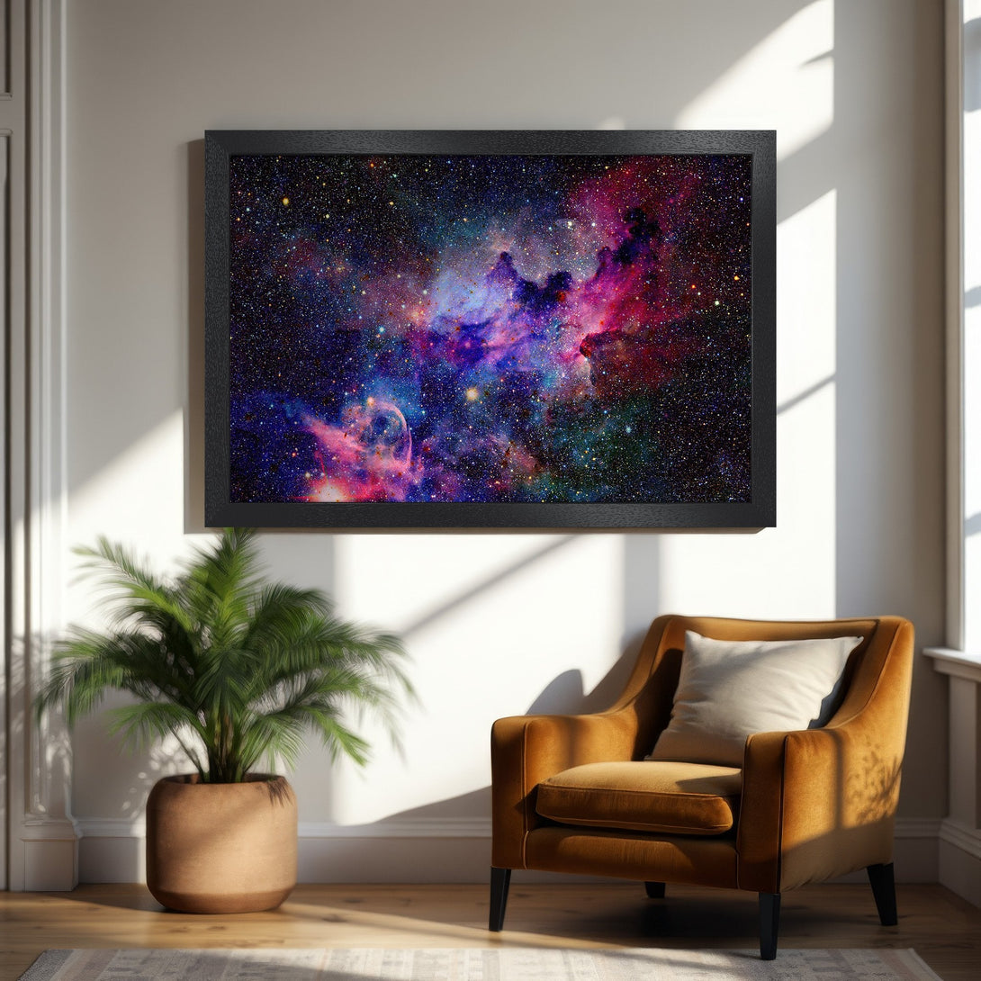 Framed Poster of a vibrant nebula in space. Modern style, colorful palette of blues, purples, and reds. Perfect wall art!