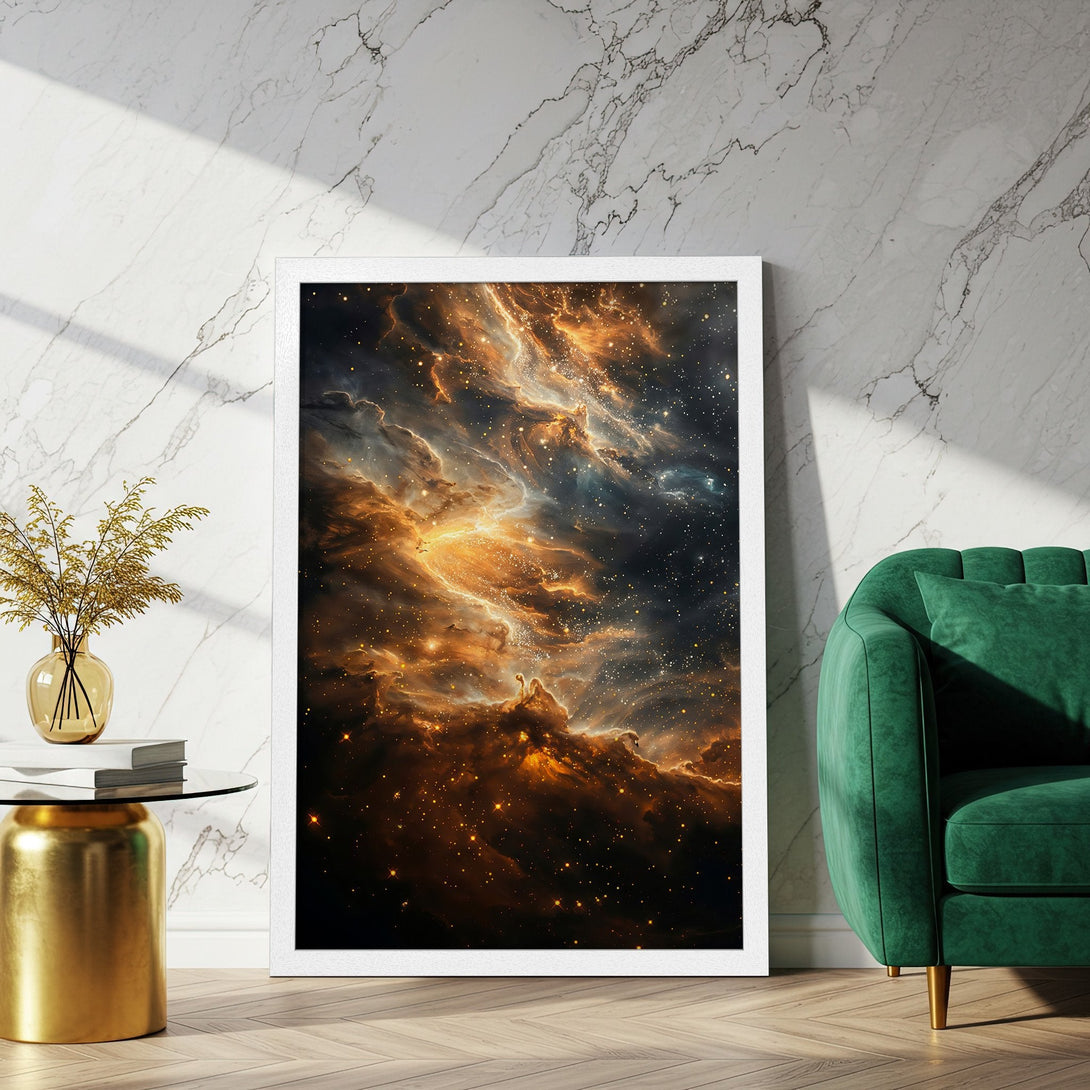 Framed Poster featuring a vibrant nebula artwork in warm gold and dark tones. Perfect for modern home decor.