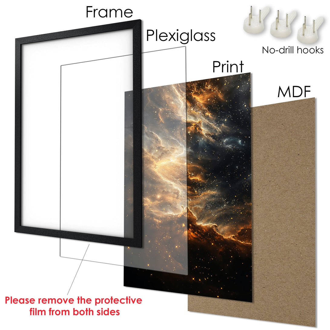 Framed Poster featuring a cosmic nebula art print in warm gold and black tones. Elevate your space with this stunning wall art!