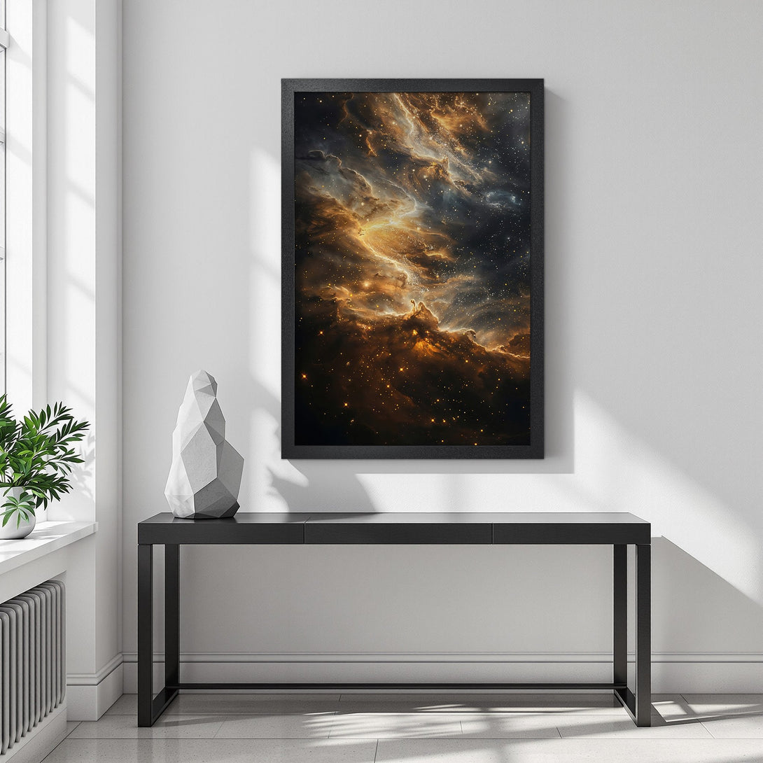 Framed Poster featuring a stunning nebula artwork in warm gold and dark blue tones. Elevate your space with this captivating art print!