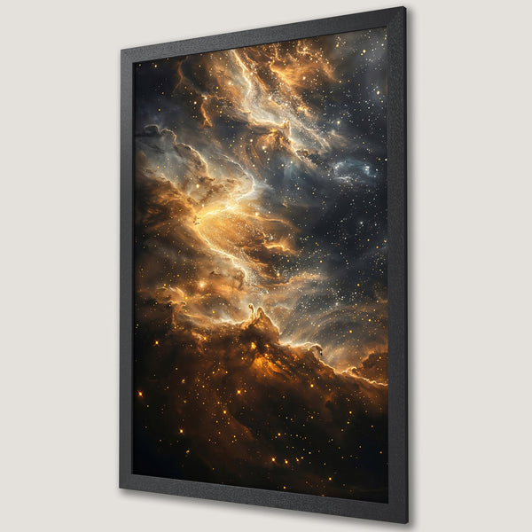 Framed Poster of a stunning nebula artwork, featuring a cosmic scene in warm gold, orange, and dark blue hues. Perfect wall decor.