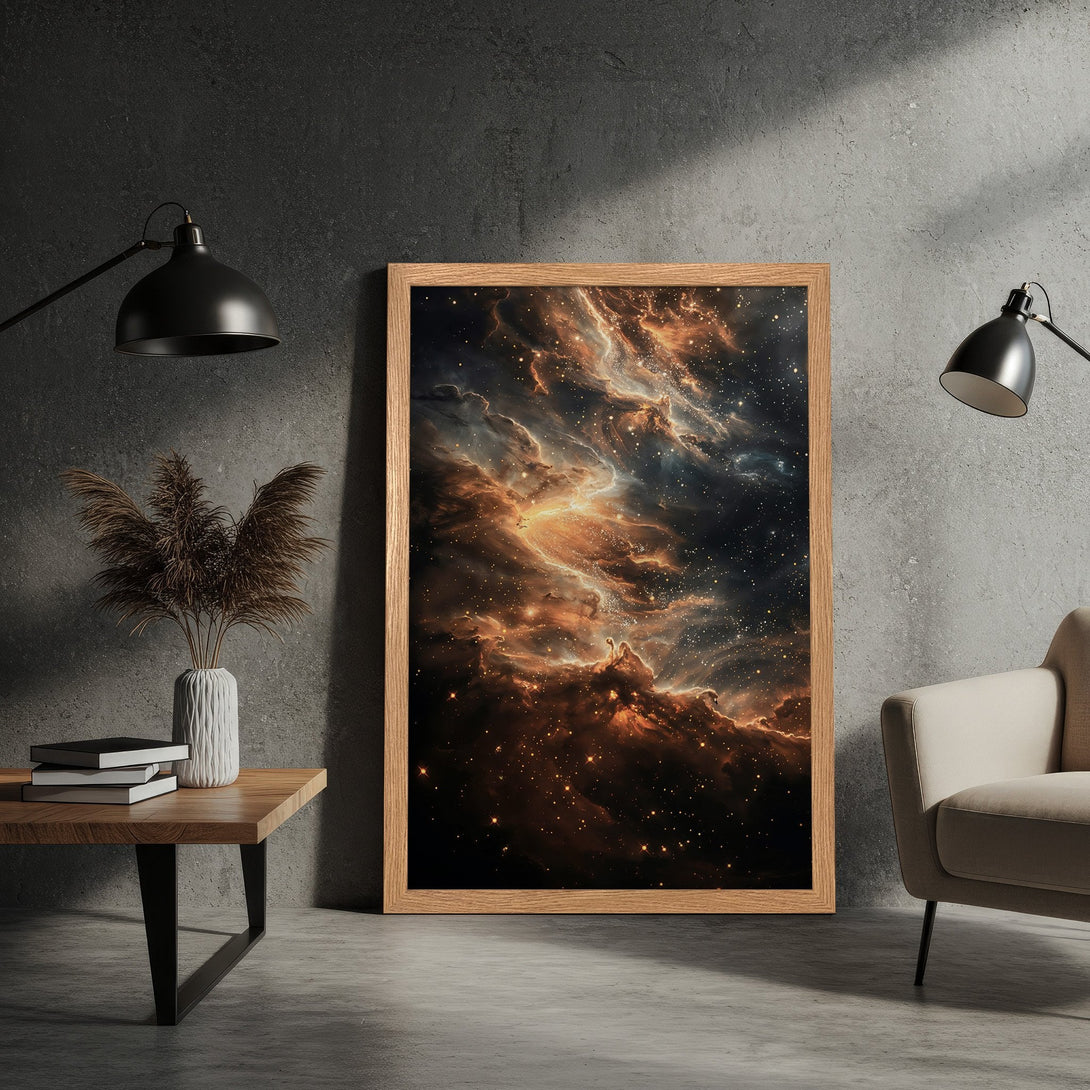Framed Poster featuring a stunning nebula artwork in warm gold and dark tones, perfect for modern home decor.