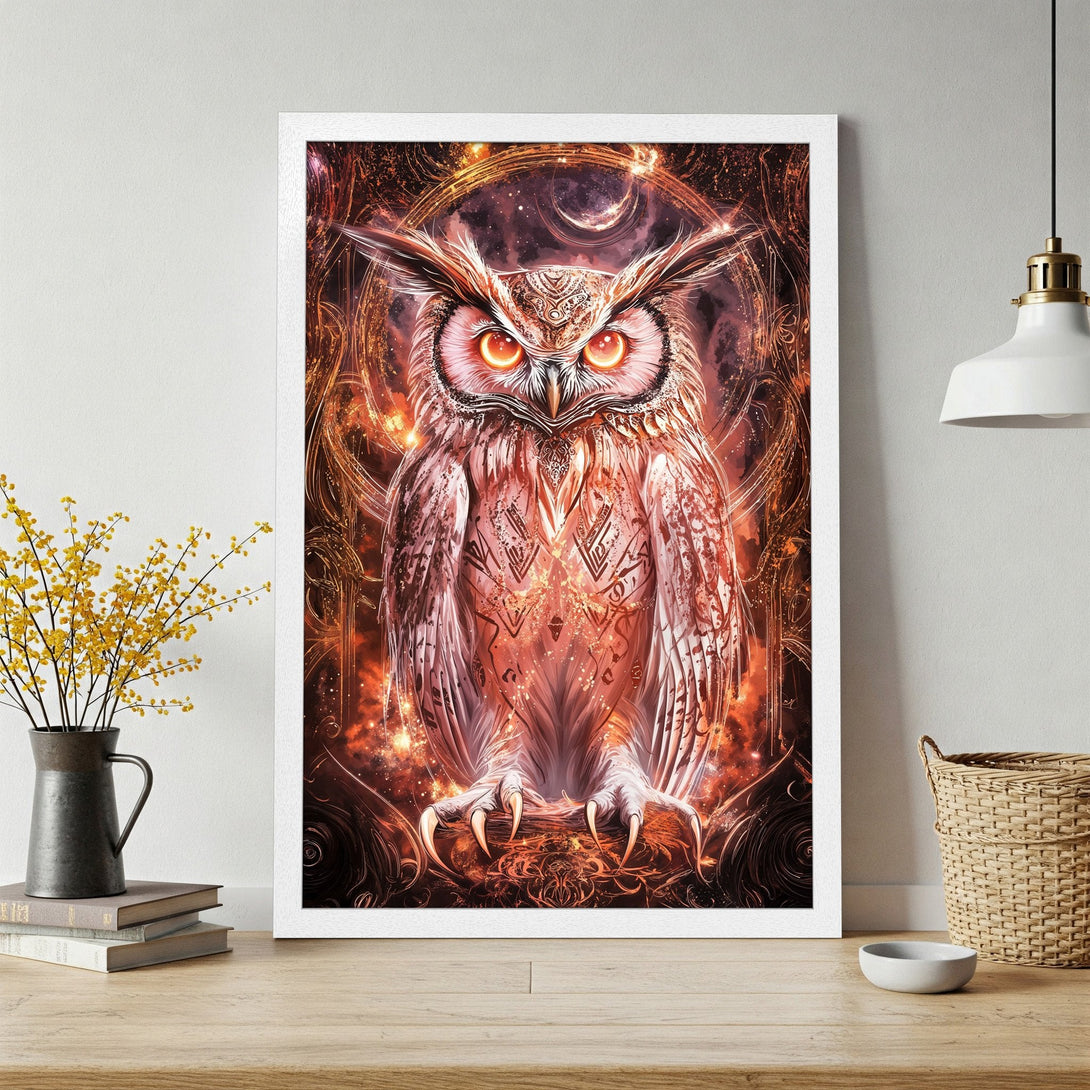 Framed Poster featuring a majestic owl illustration in a fantasy style with a warm orange and brown color palette. Perfect wall art!