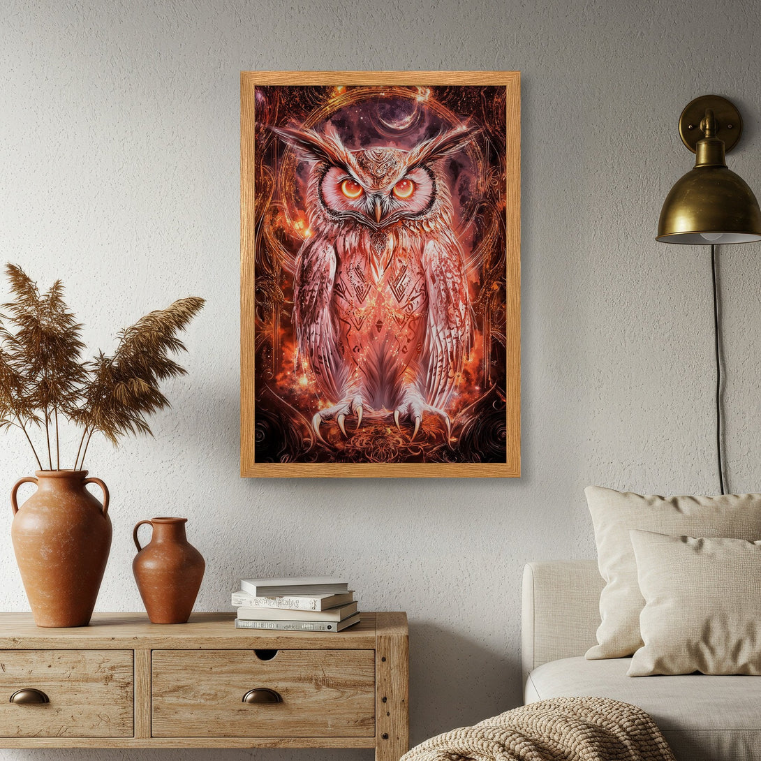 Framed Poster featuring a mystical owl illustration in a vibrant red and orange color palette. Perfect wall art!