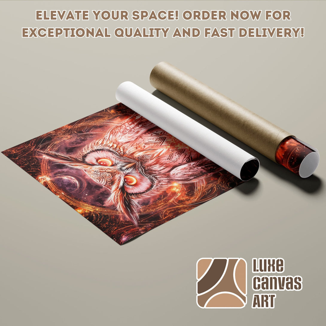 Poster Roll featuring an owl artwork in a fiery, fantasy style with a red and orange color palette. Elevate your space!