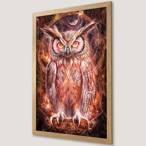 Framed Poster featuring an owl illustration in a fantasy style, with a warm orange and brown color palette. Perfect wall art!