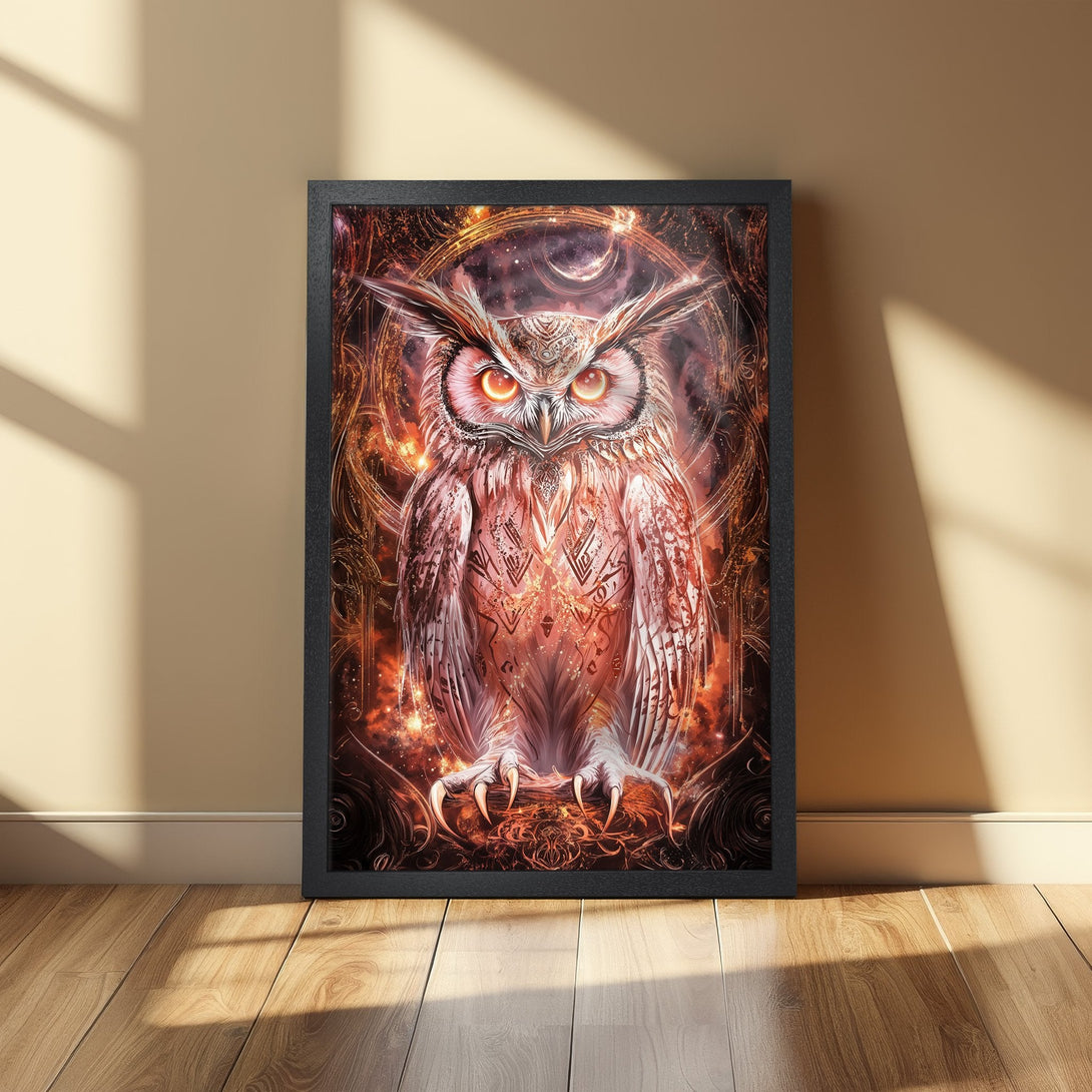 Framed Poster featuring a mystical owl illustration in warm orange and brown tones, perfect for wall art decor.
