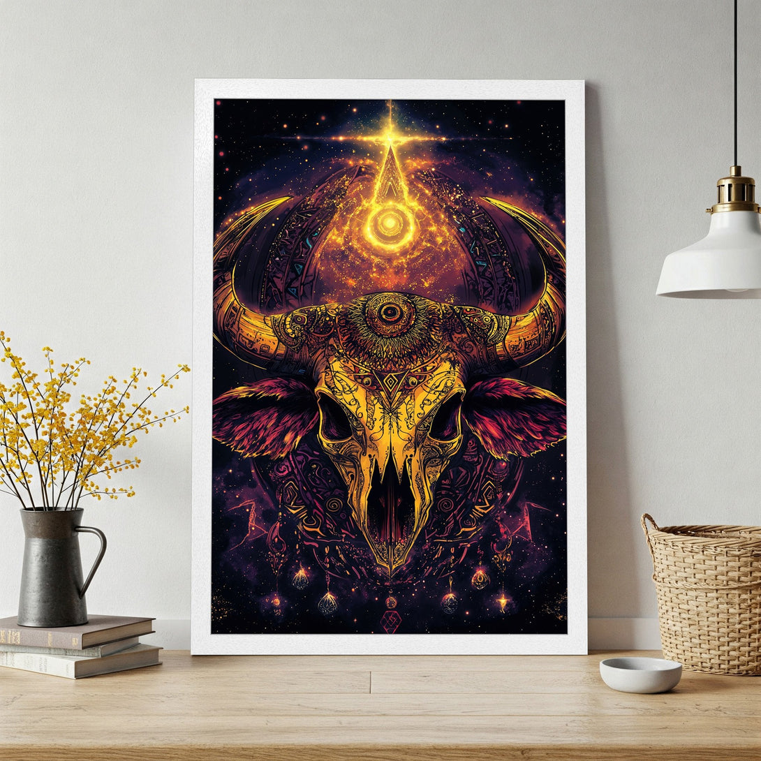 Framed Poster featuring a detailed bull skull in vibrant gold, purple, and orange against a cosmic background. Perfect wall art!