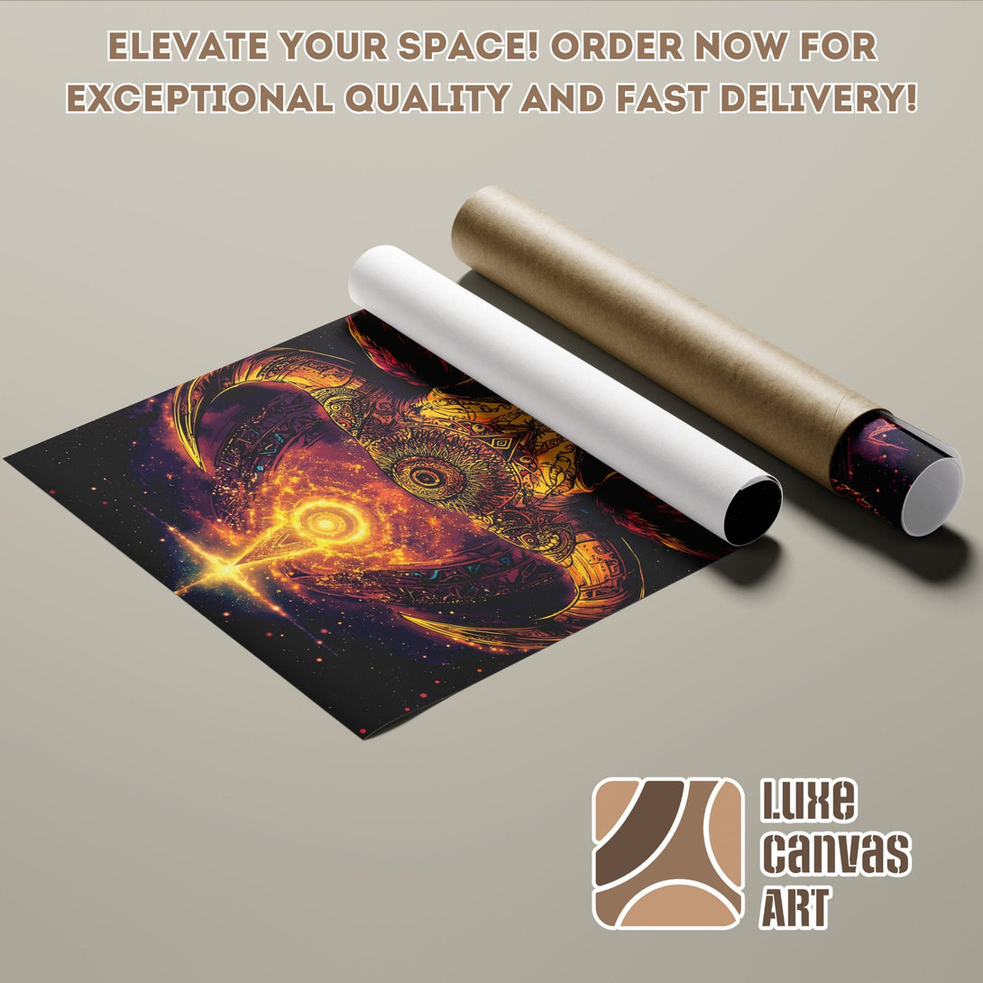 Poster Roll featuring a vibrant, cosmic artwork in warm orange and black tones. Elevate your space with Luxe Canvas Art!