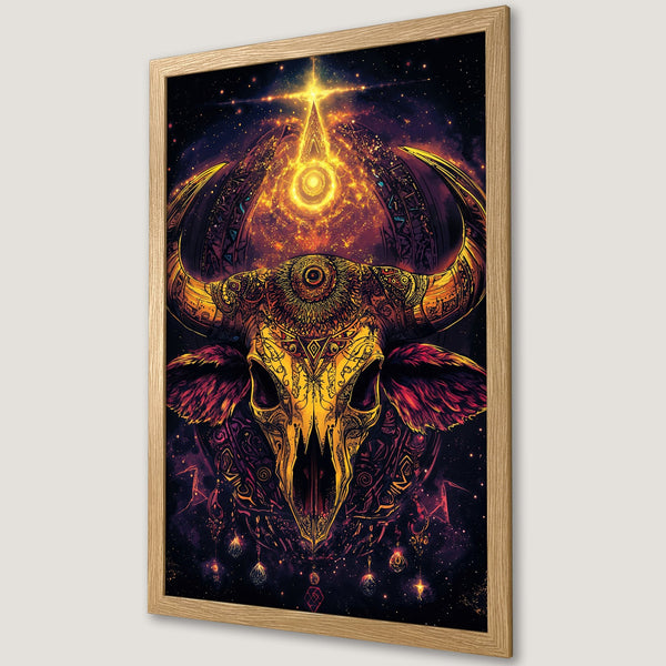 Framed Poster featuring a detailed bull skull in a cosmic, psychedelic style with a warm gold and purple palette.