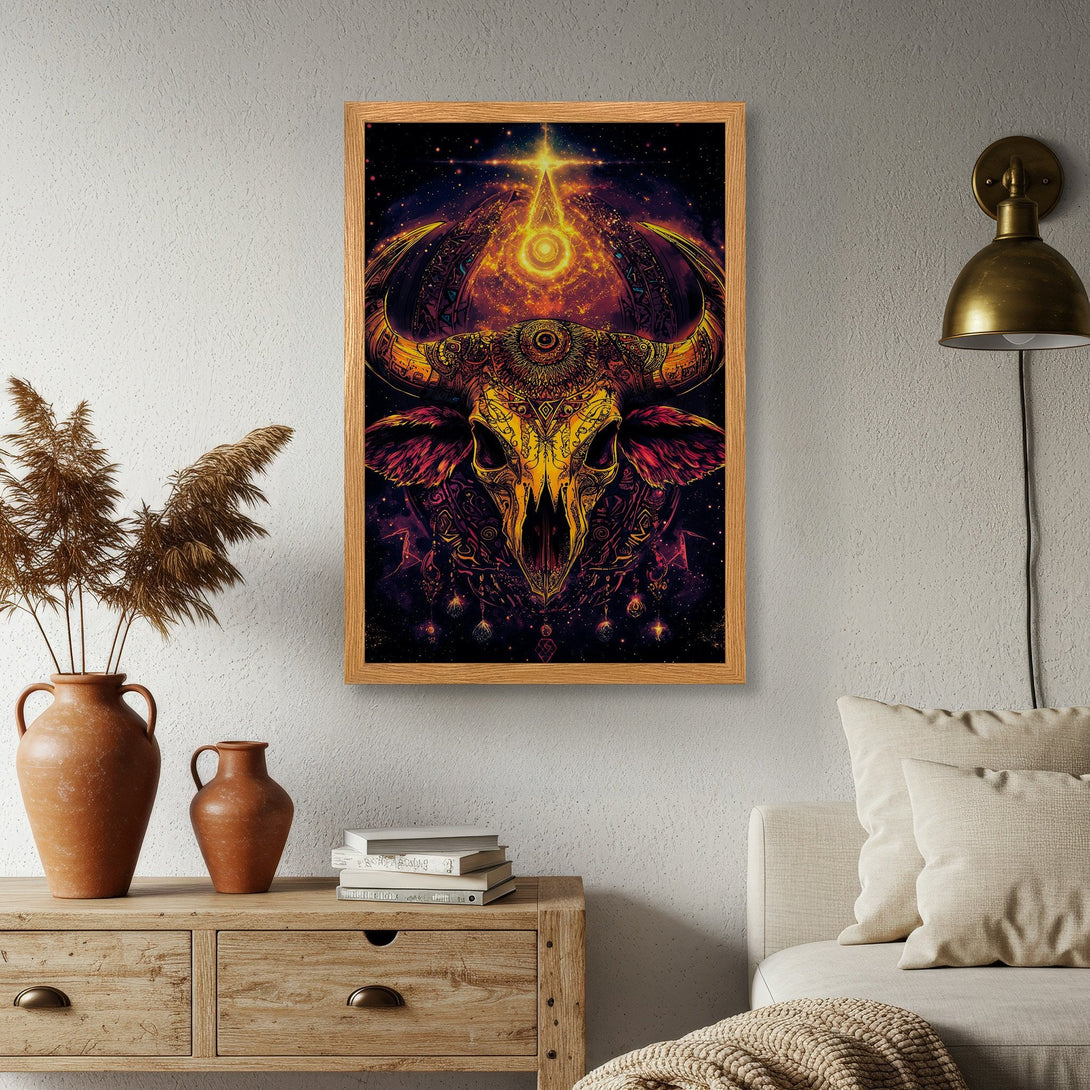 Framed Poster featuring a detailed bull skull in vibrant orange, yellow, and purple hues. Perfect for adding a unique touch to your space!