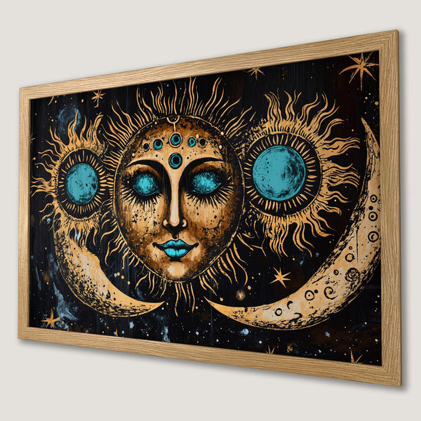 Framed Poster featuring a celestial sun and moon design in gold and teal on a black background, perfect wall art.
