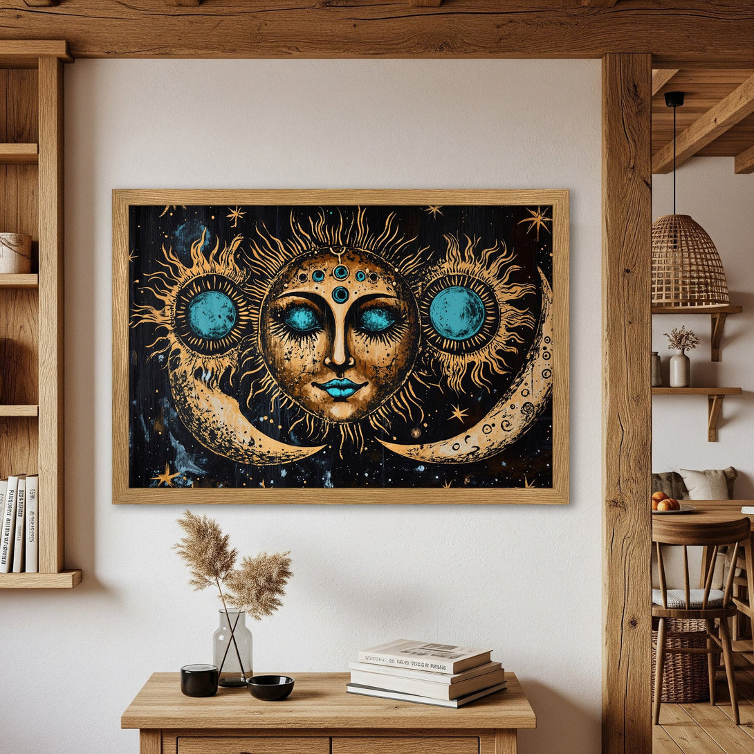 Framed Poster featuring a celestial sun and moon design. Bohemian style with gold, black, and teal color palette. Perfect wall art.