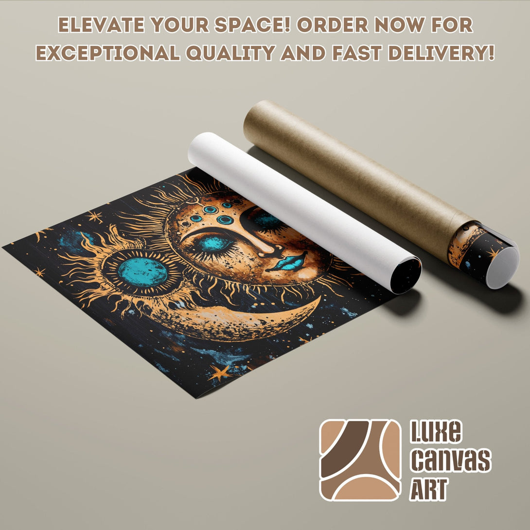Celestial art Poster Roll, featuring a sun and moon design in black, gold, and teal.