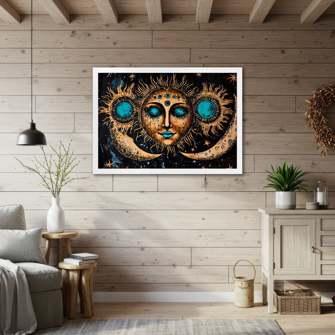 Framed Poster featuring a celestial sun face in a boho style with teal and gold colors. Perfect wall art for any room!