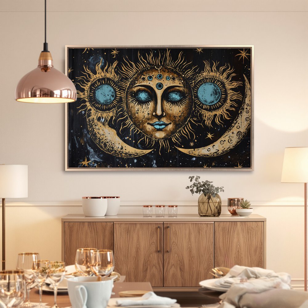Framed Wall Art: Celestial sun and moon art print in gold, teal, and black. Perfect for adding a touch of bohemian style to your home decor.