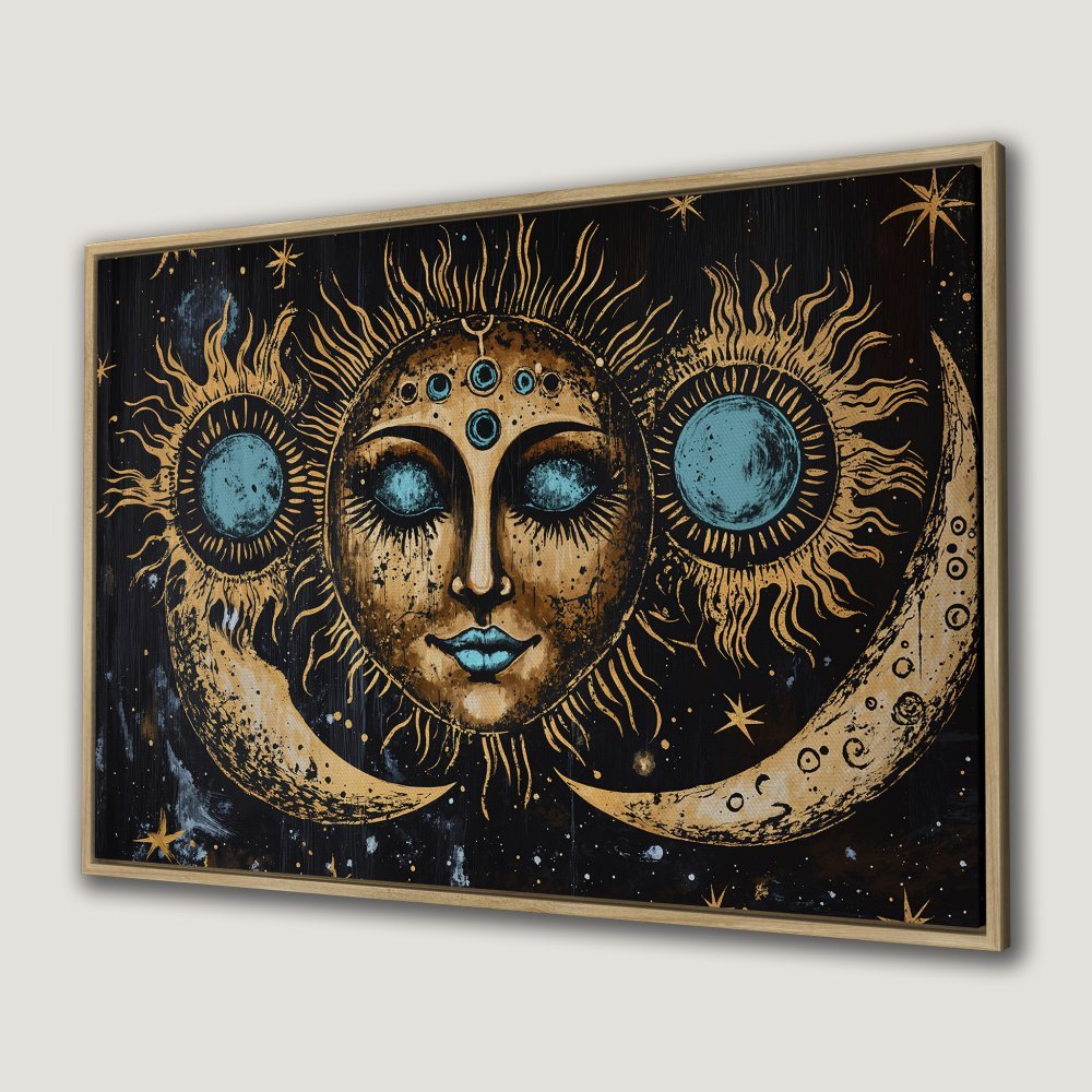Framed Wall Art featuring a celestial sun and moon design in gold, teal, and black. Boho-inspired canvas print perfect for any room.